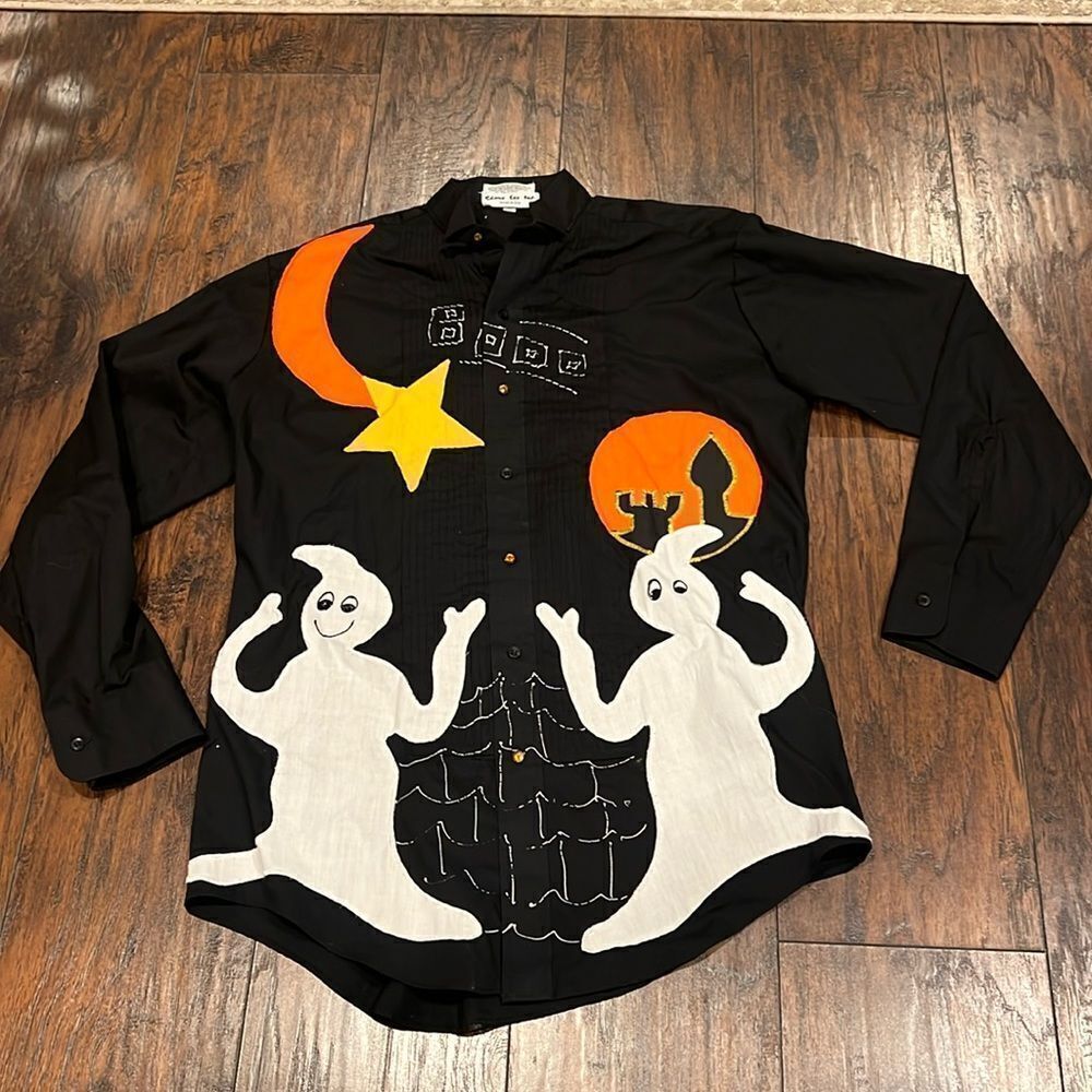 vtg shane lee made in USA size M bottom down shirt ghosts halloween embroidered